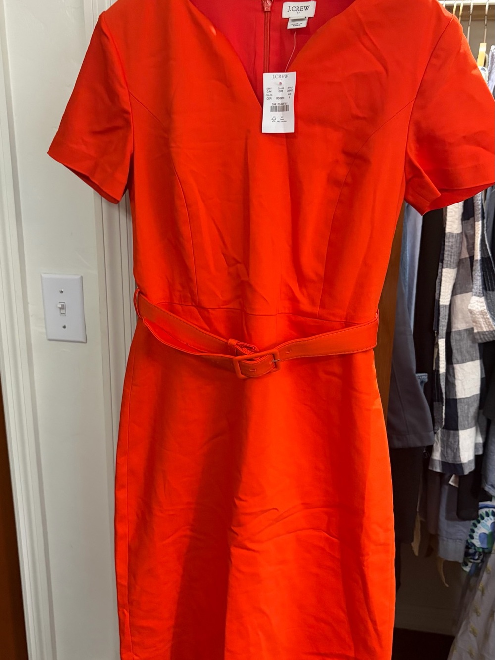 J. Crew Orange Short-Sleeve Belted Midi Sheath Dress.